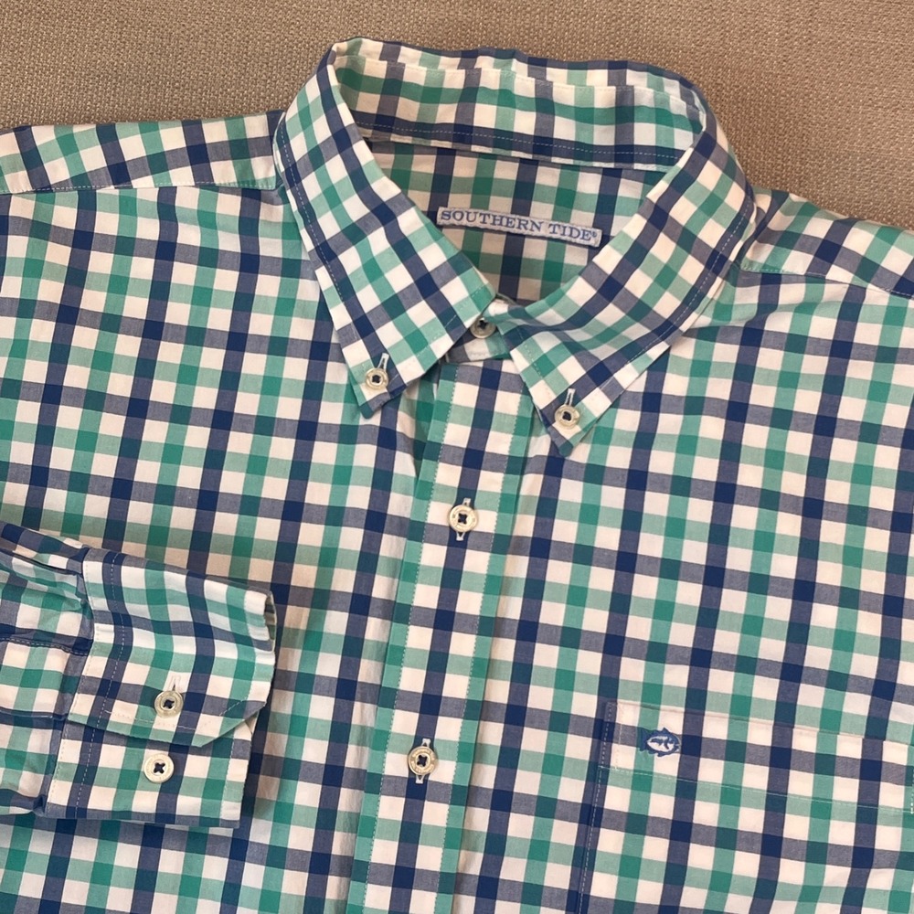 Southern Tide Button Down Shirt Men Large Blue Teal Gingham Long Sleeve Stretch
